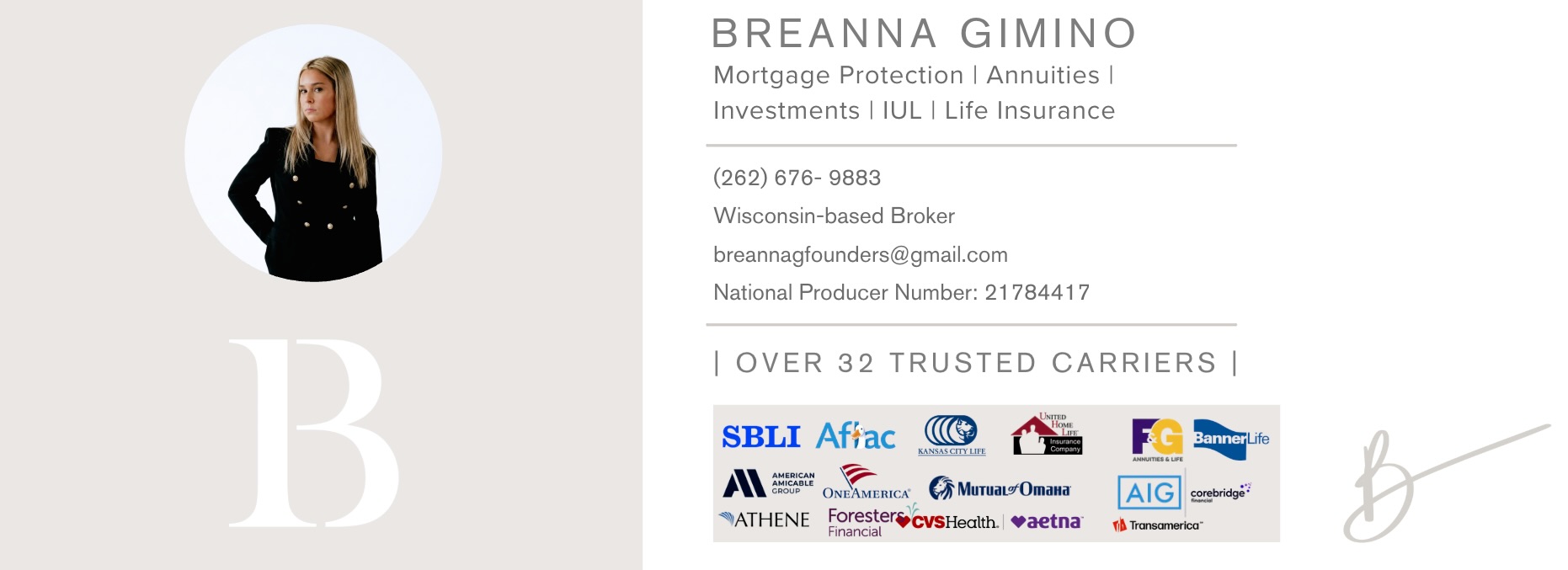 Breanna Gimino business card - Mortgage Protection, Annuities, IUL, Life Insurance
